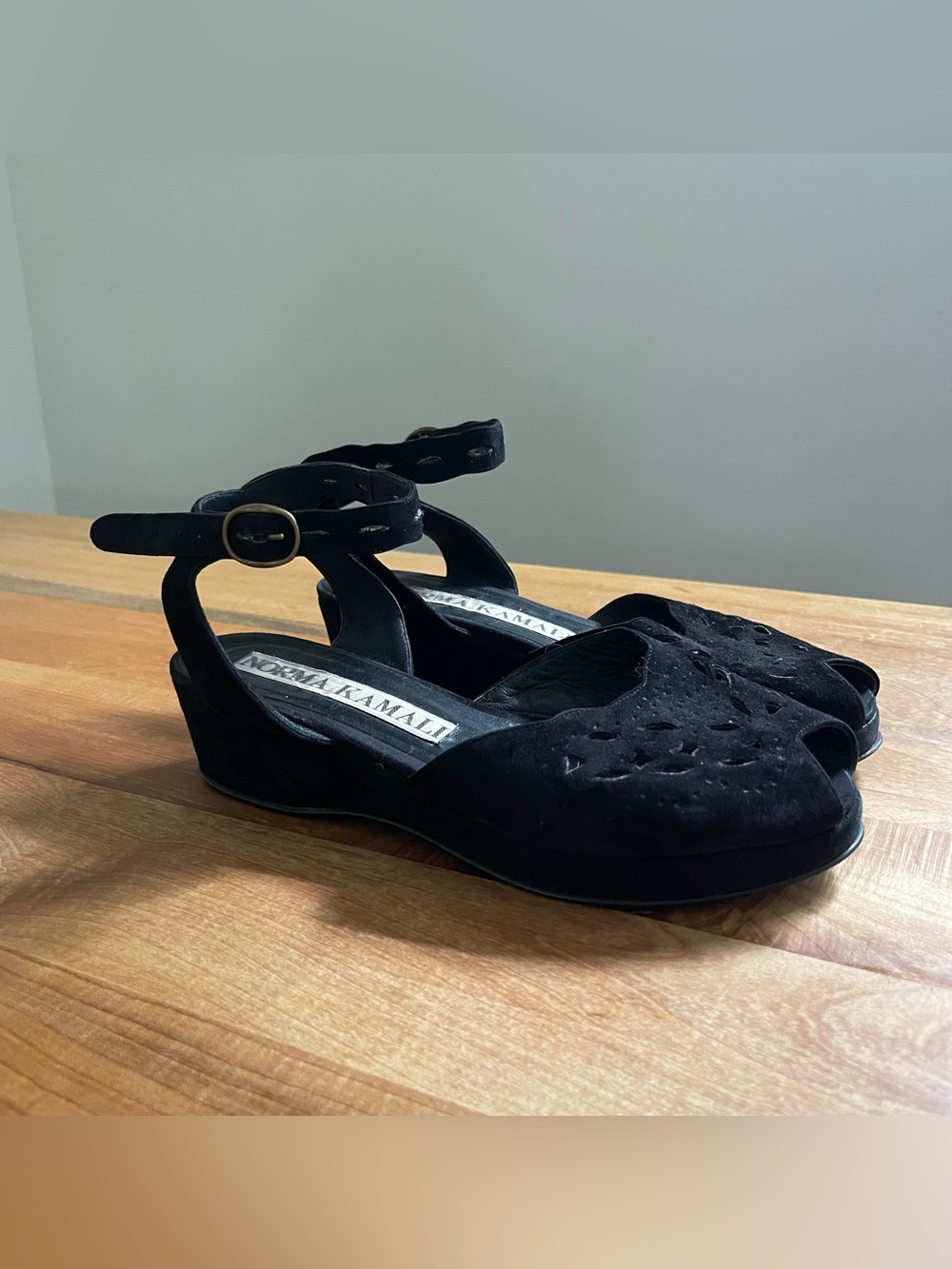 Vintage 1980s Norma Kamali Black Suede Platform Sandals Cutout Ankle Strap 7